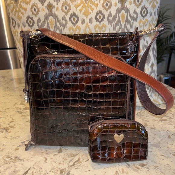 Brighton Cher Brown Patent Faux Croc Shoulder Handbag W/ Coin Purse - Picture 1 of 7